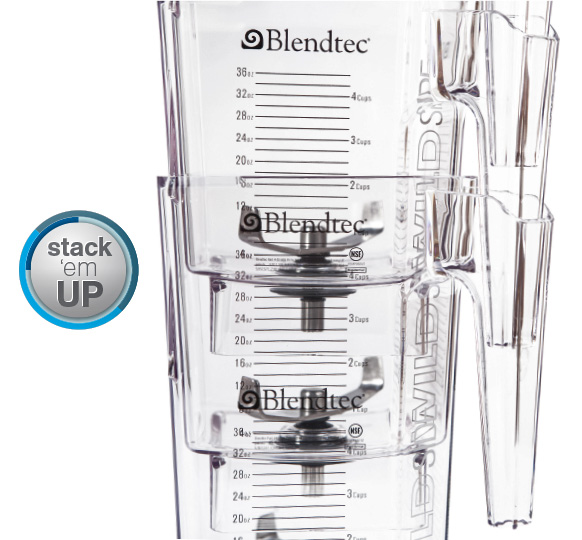 Blendtec's FourSide und WildSide Behälter sind stapelbar, platzsparend und machen das Verstauen zum Kinderspiel